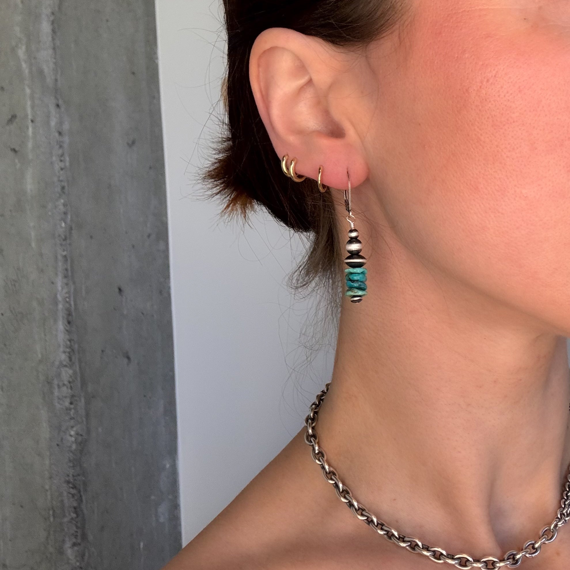 Handcut Turquoise + Navajo Pearl Drop Earrings
