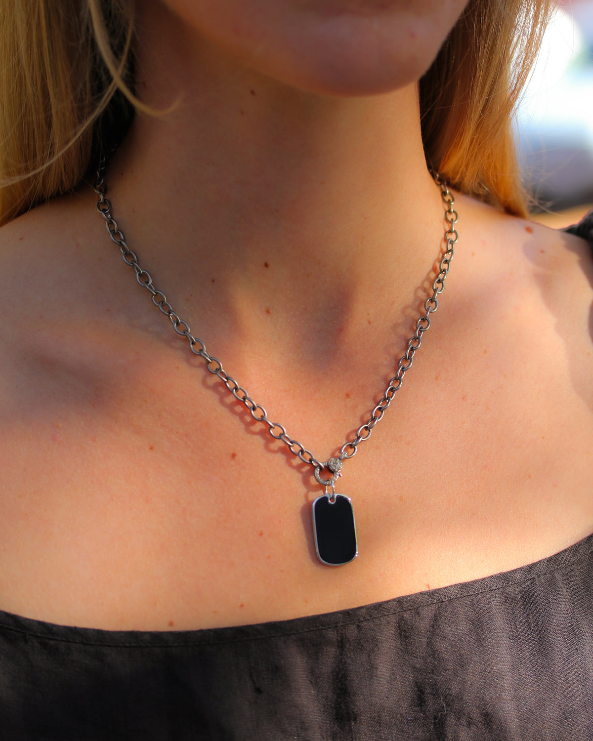 Black Agate Inlay Dog Tag Pendant
