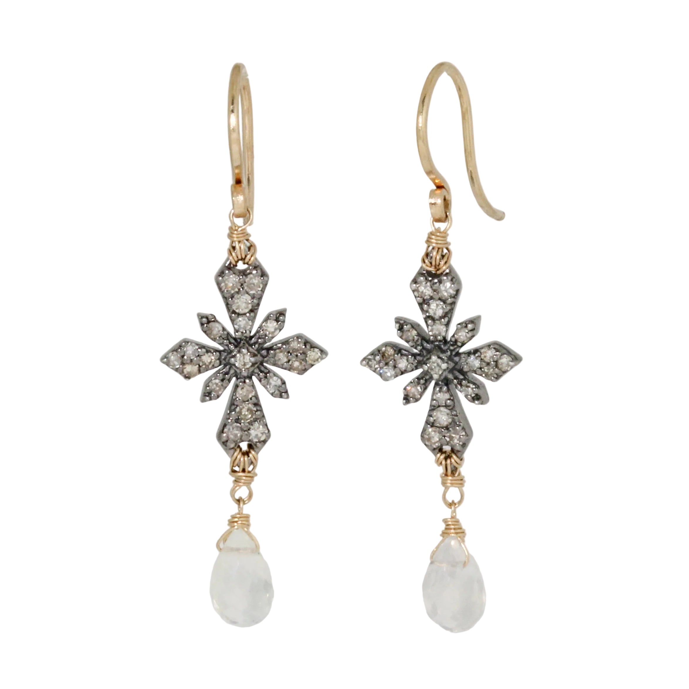 Dana Kellin Moonstone and Diamond earrings featuring 14k yellow gold and sterling silver