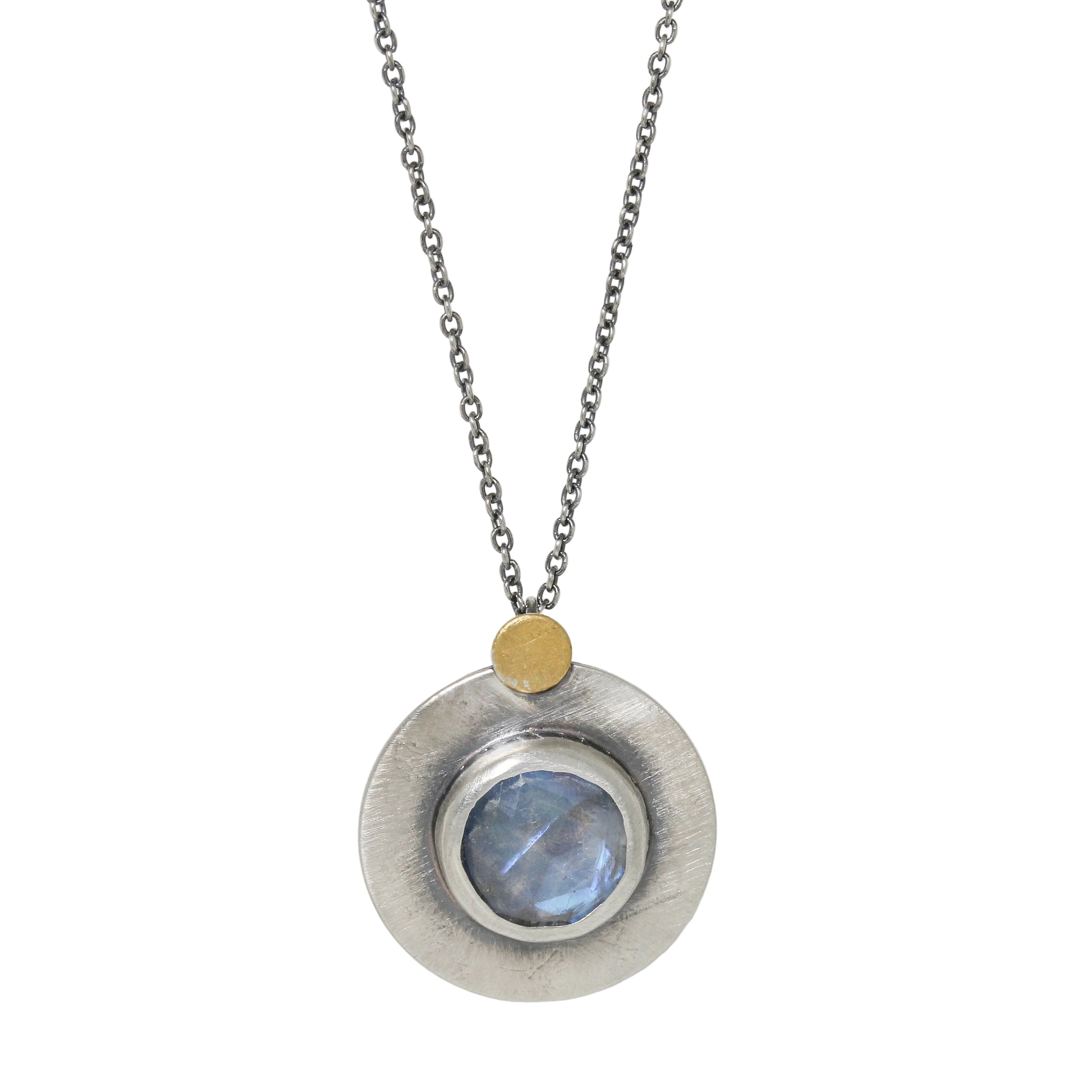Austin Titus rose cut rainbow moonstone disc necklace in sterling silver and 24k gold