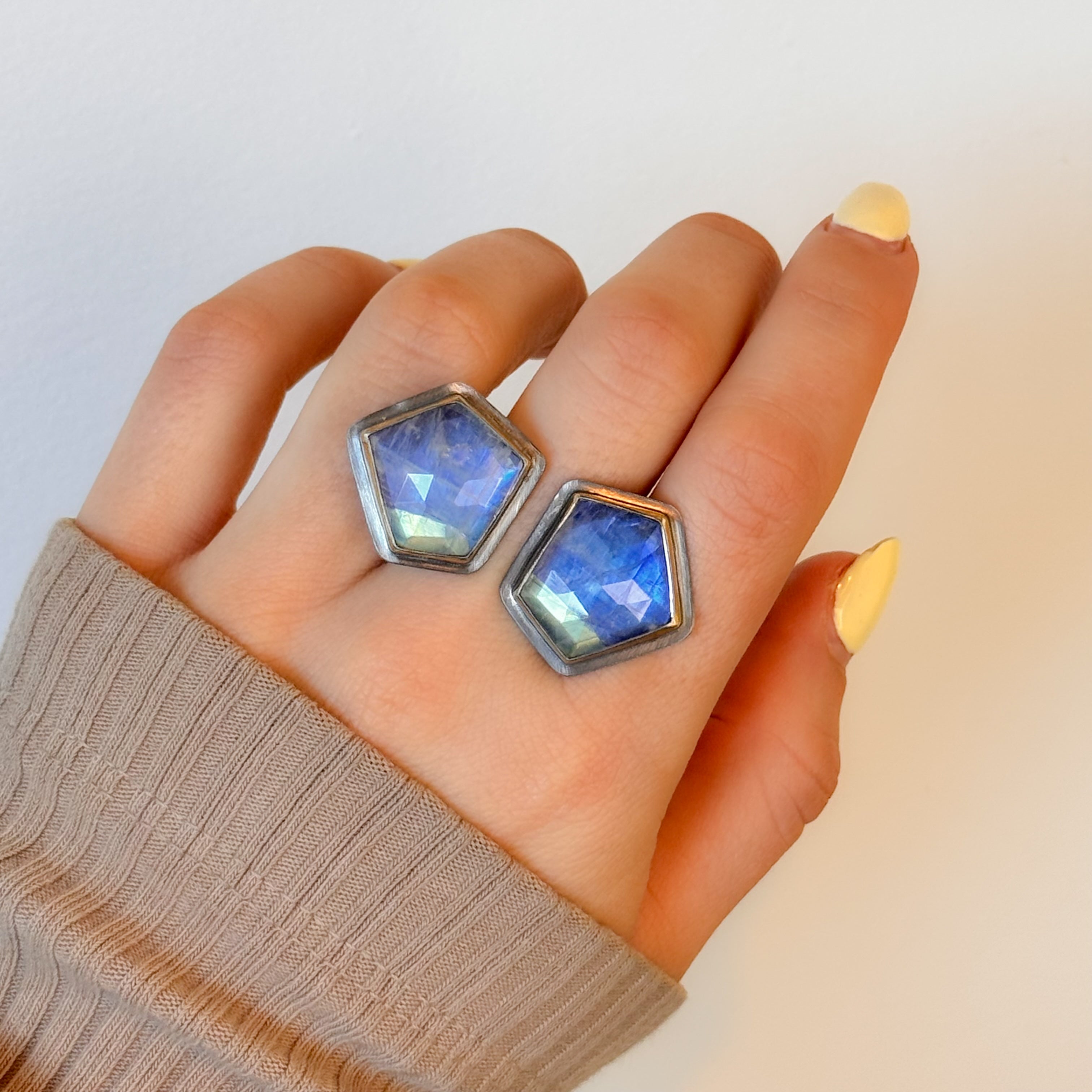Double Crown Rainbow Moonstone Ring