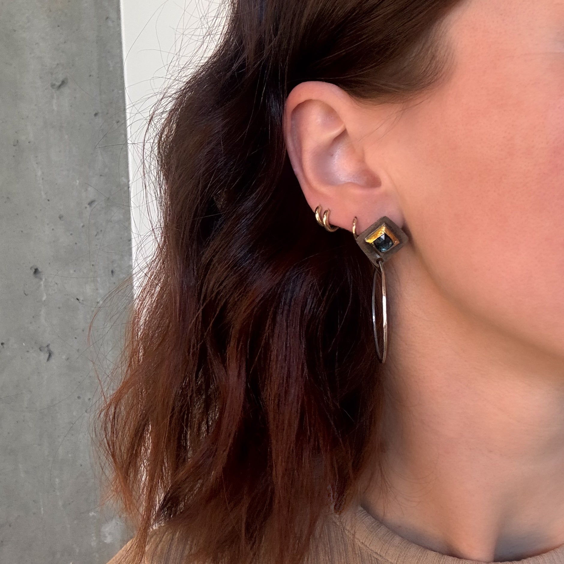 Teal Kyanite Post Earrings with Drop Hoops
