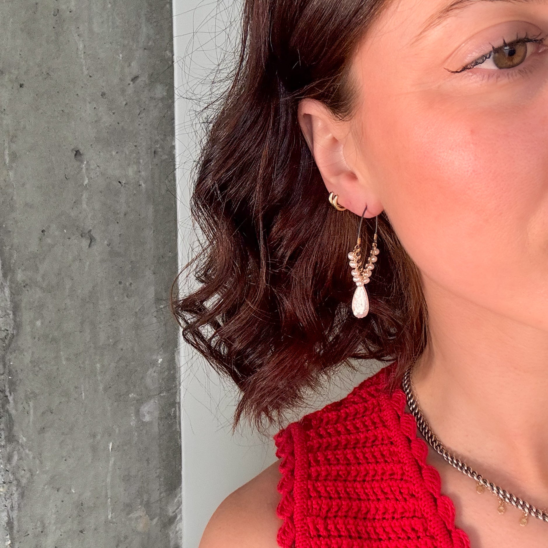 Pearl Fringe Teardrop Hoop Earrings