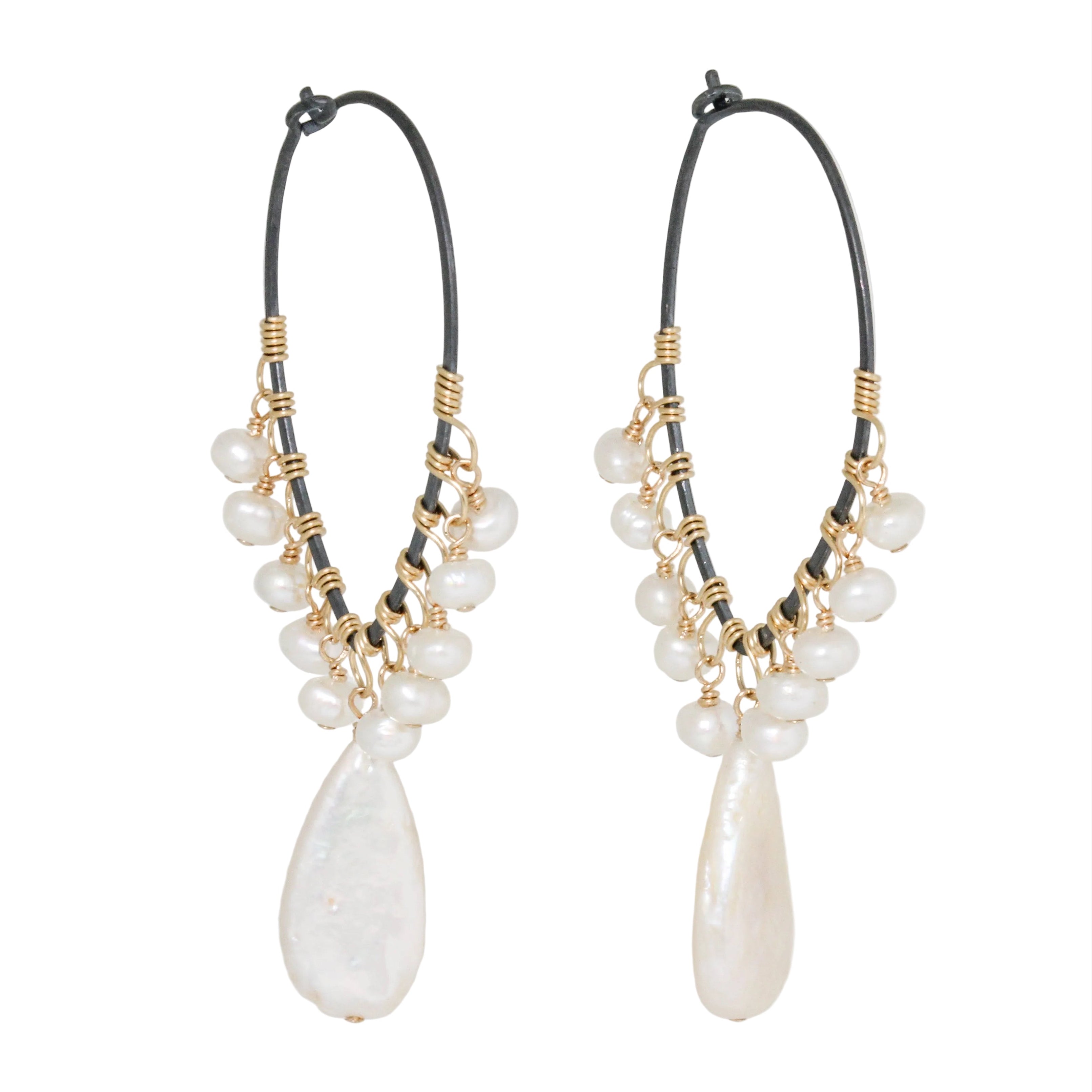 Pearl Fringe Tear Hoop Earrings