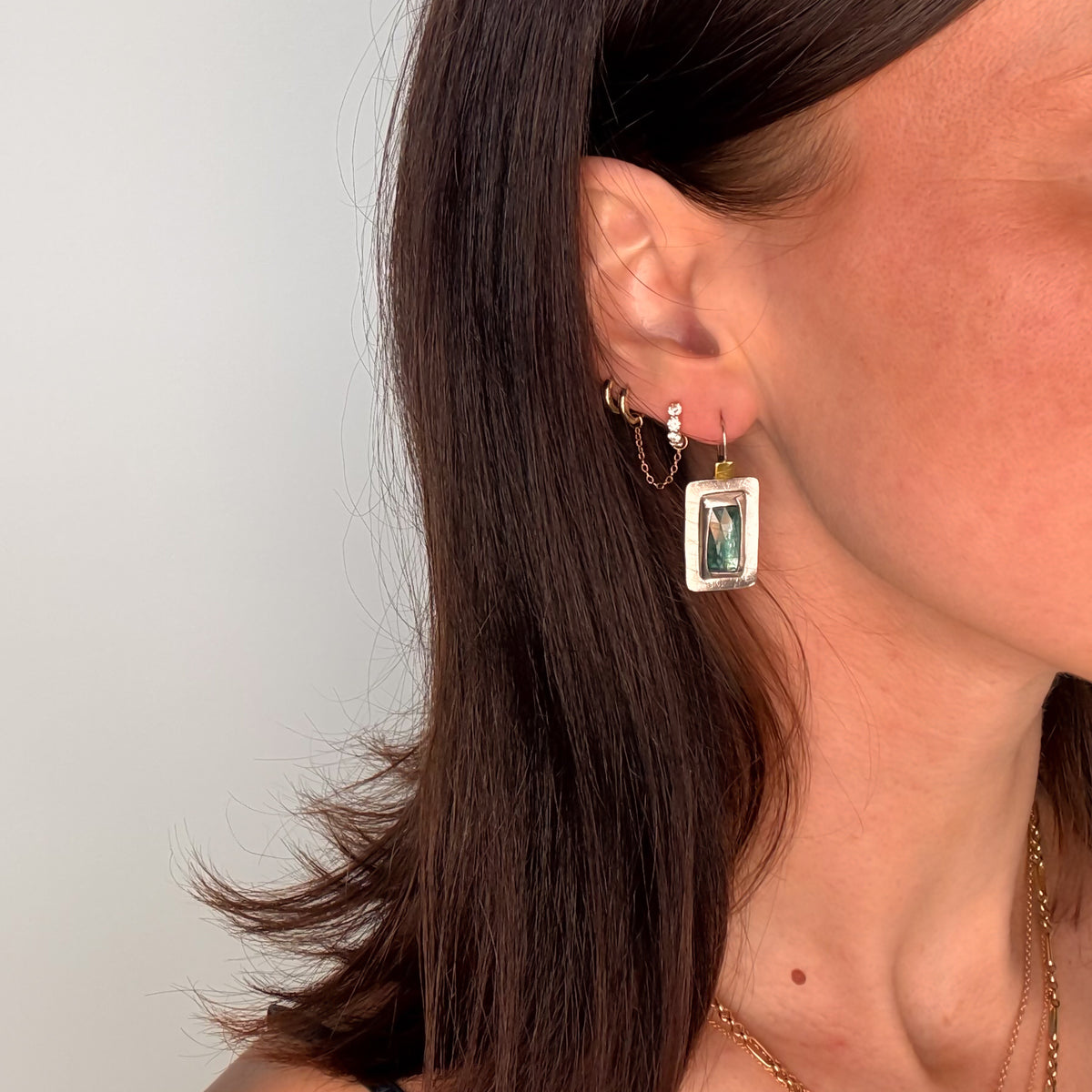 Green Kyanite Rectangle Fold Drop Earrings