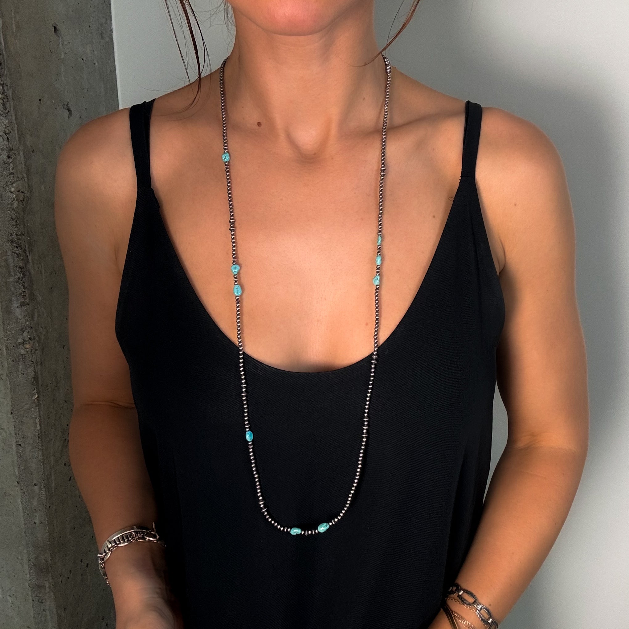 Long Navajo Pearl w. Turquoise Strand Necklace