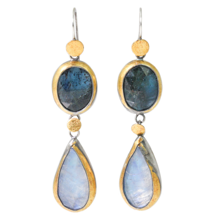 Double Drop Teal Kyanite and Rainbow Moonstone Earrings