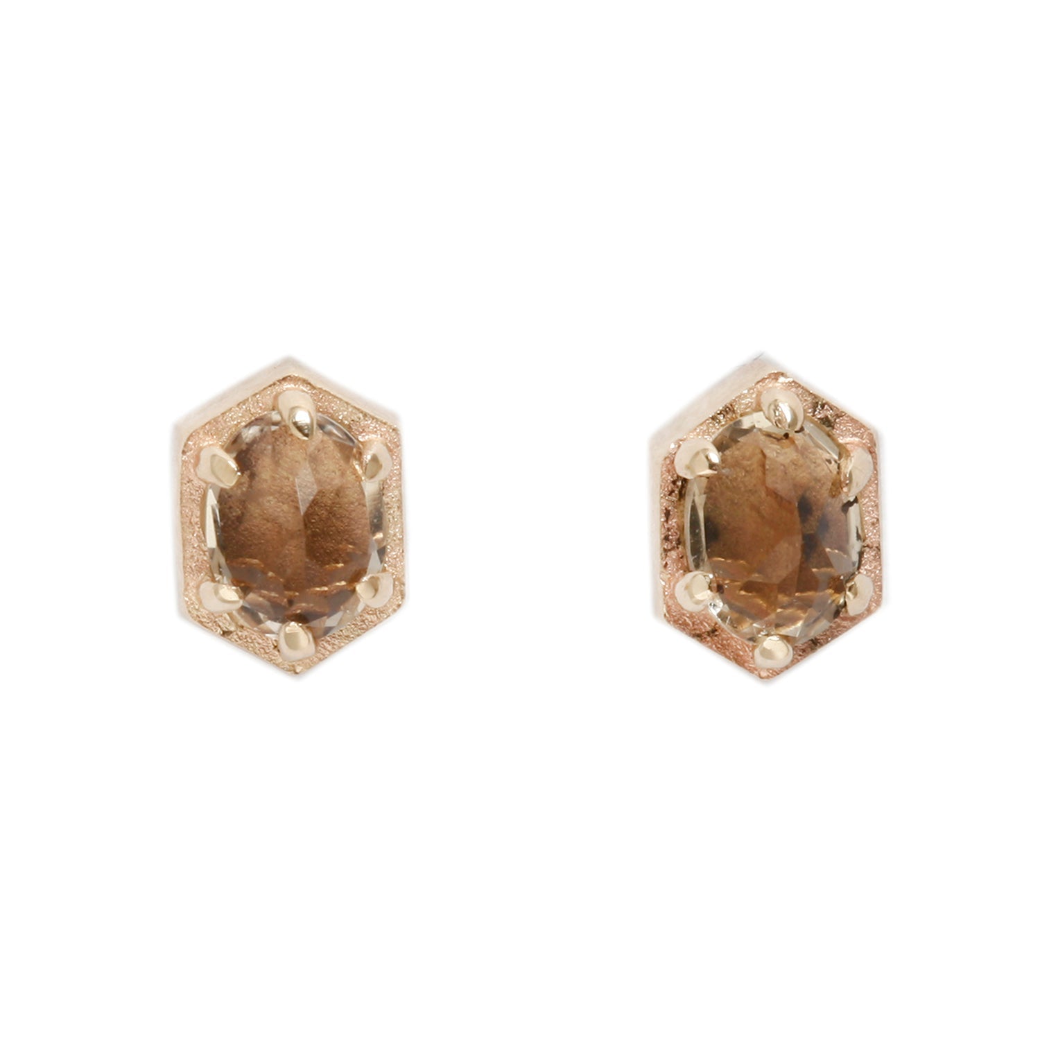 Small Champagne Quartz Hex Stud Earrings