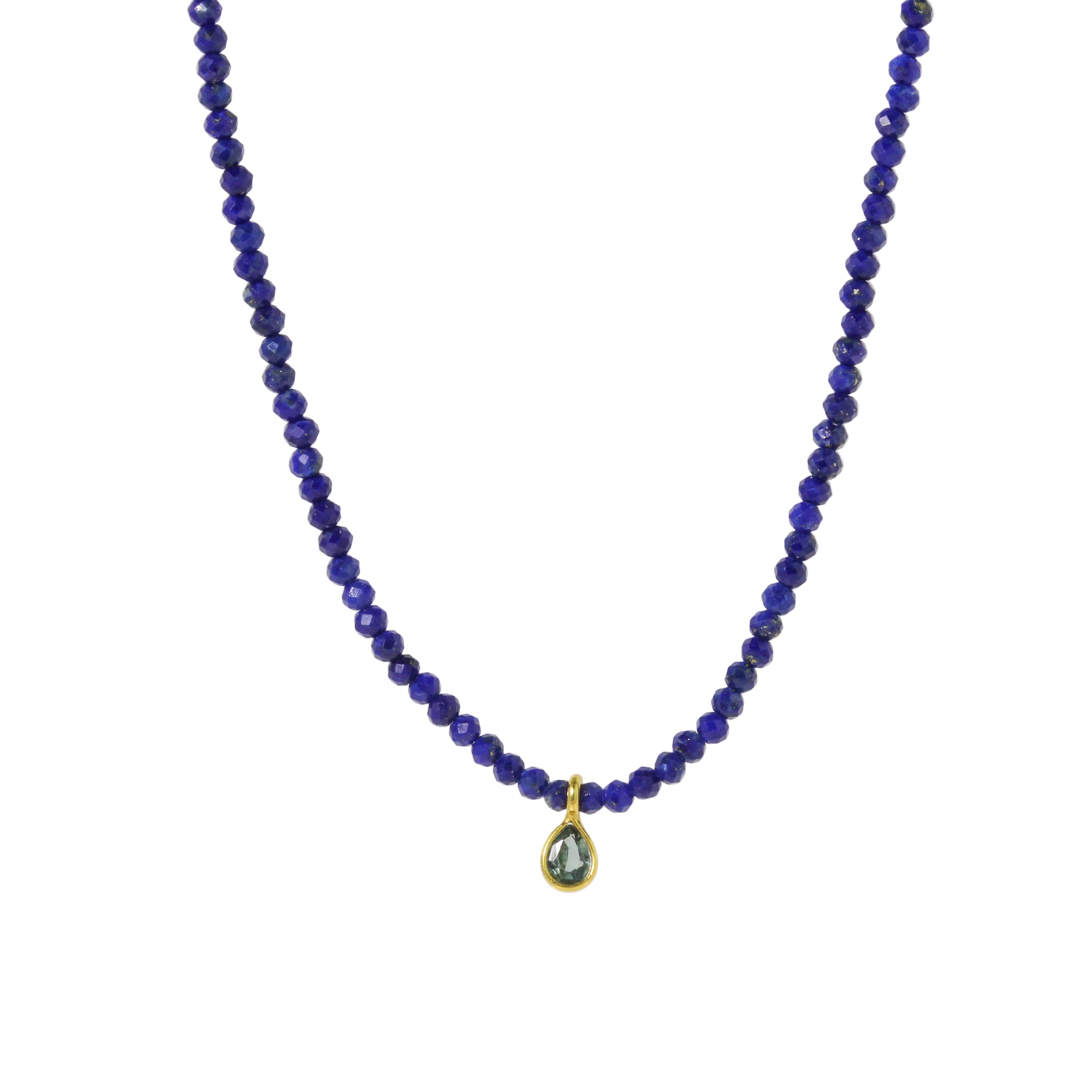 Beaded Lapis + Green Sapphire Drop Necklace