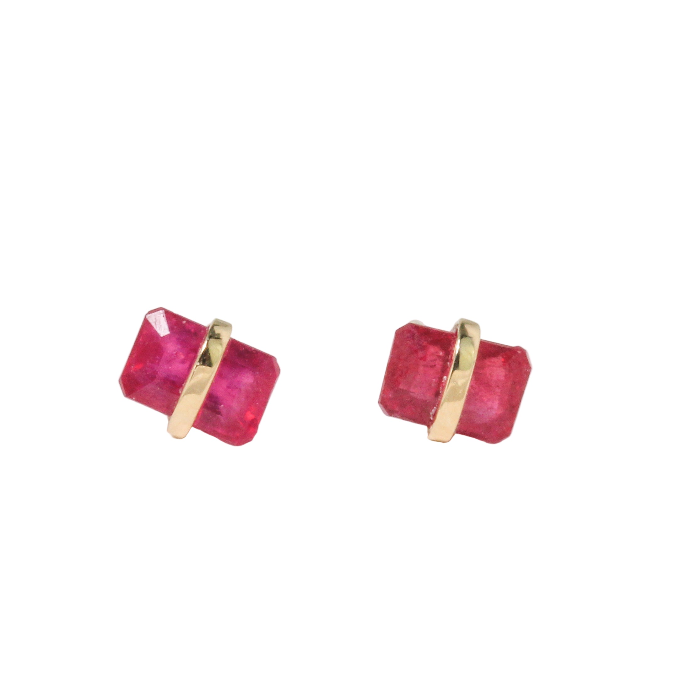 Banded Emerald Cut Ruby Stud Earrings