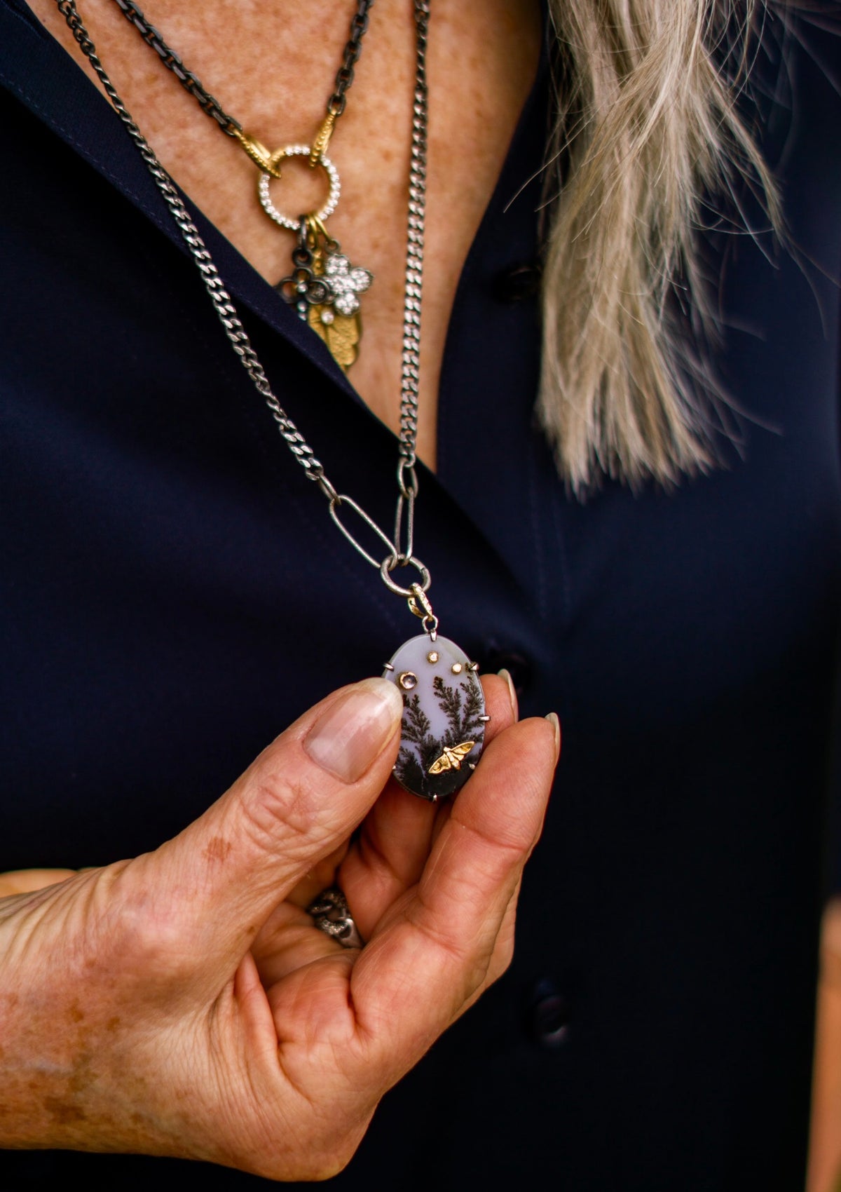 Large Meadowline Moth Moonstone Pendant Charm