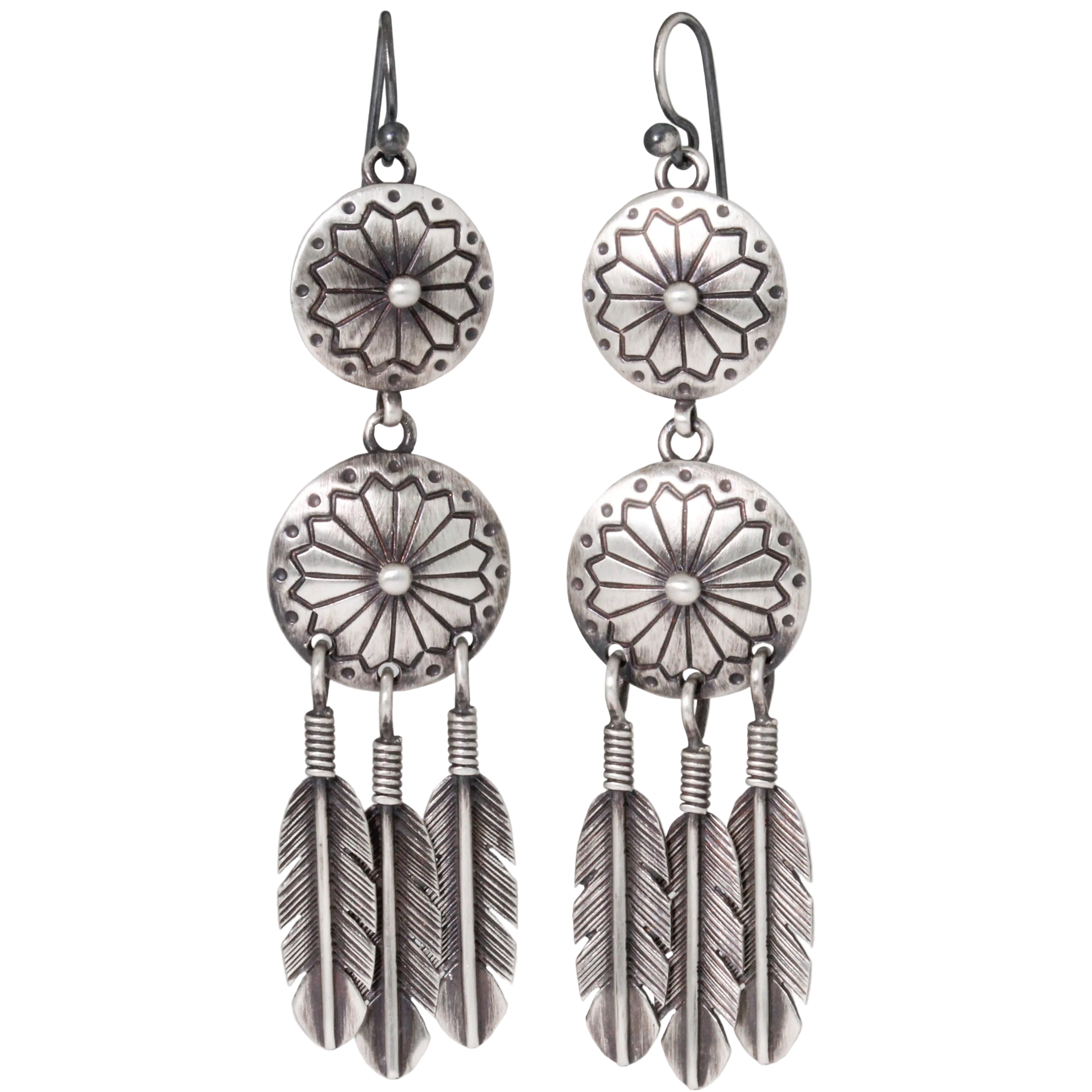 Double Concho Feather Fringe Earrings