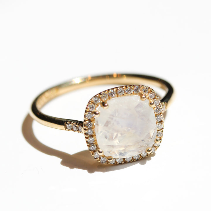 Rainbow Moonstone Cushion Halo Ring