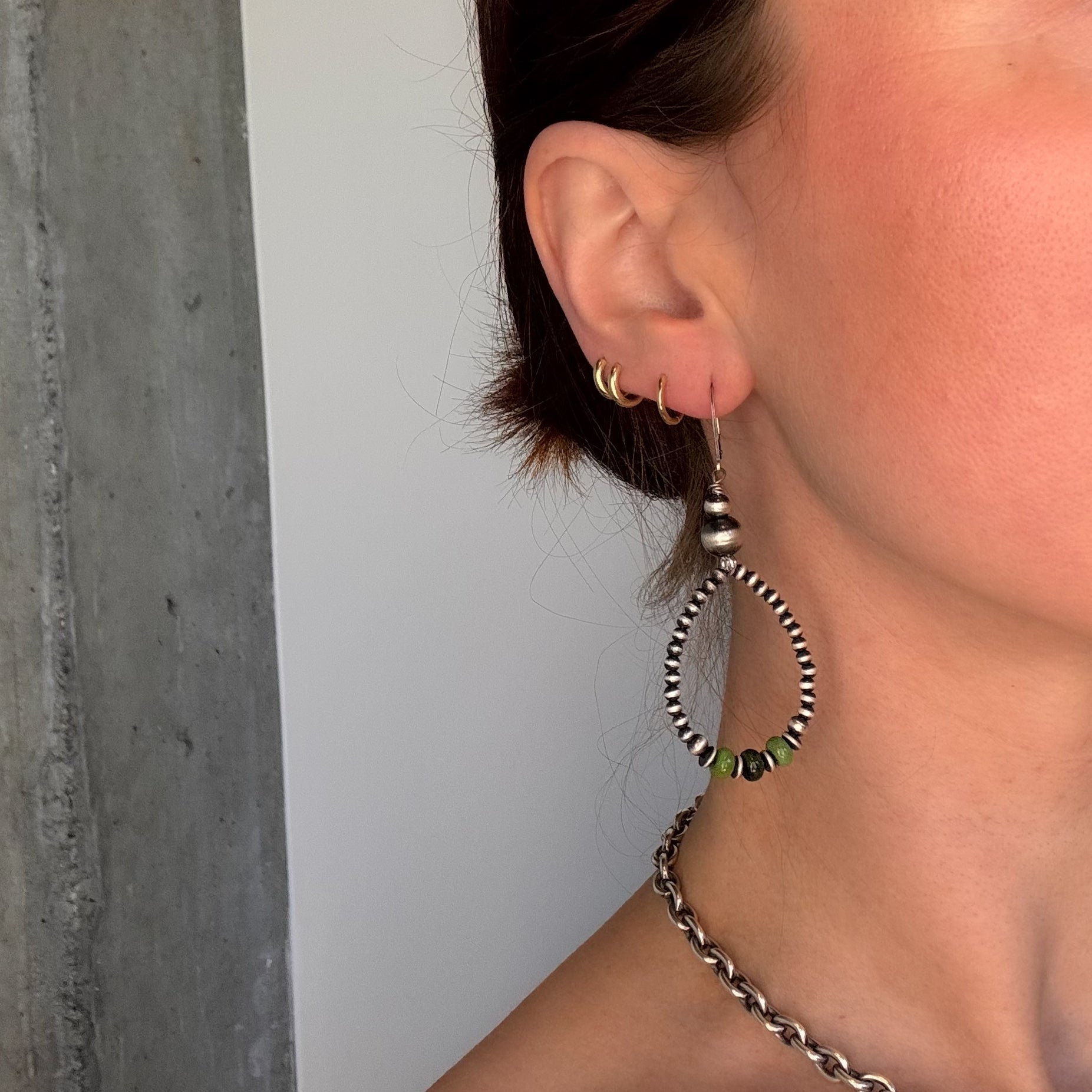 Green Turquoise + Navajo Pearl Hoop Earrings