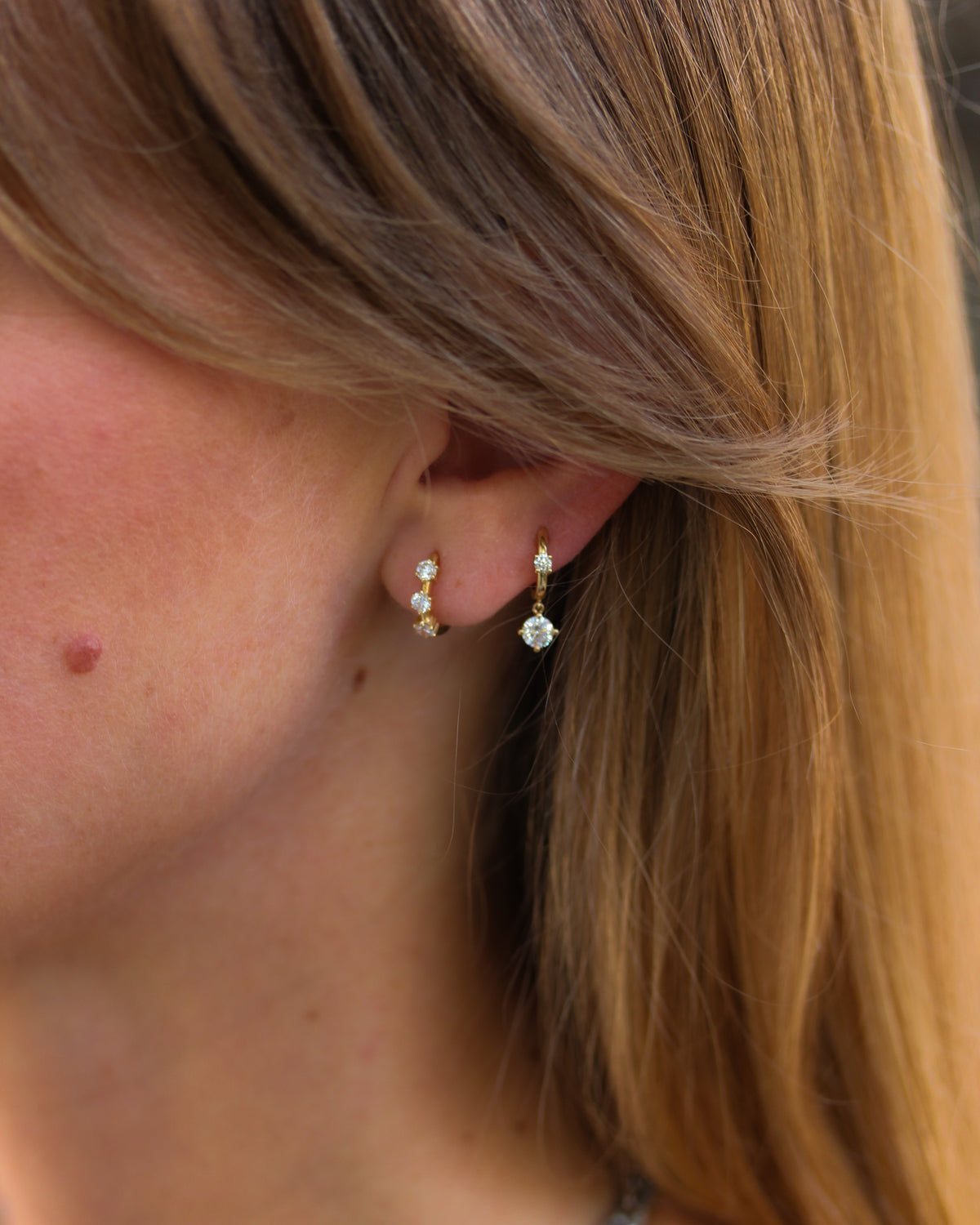 Triple Diamond Huggie Hoop Earrings