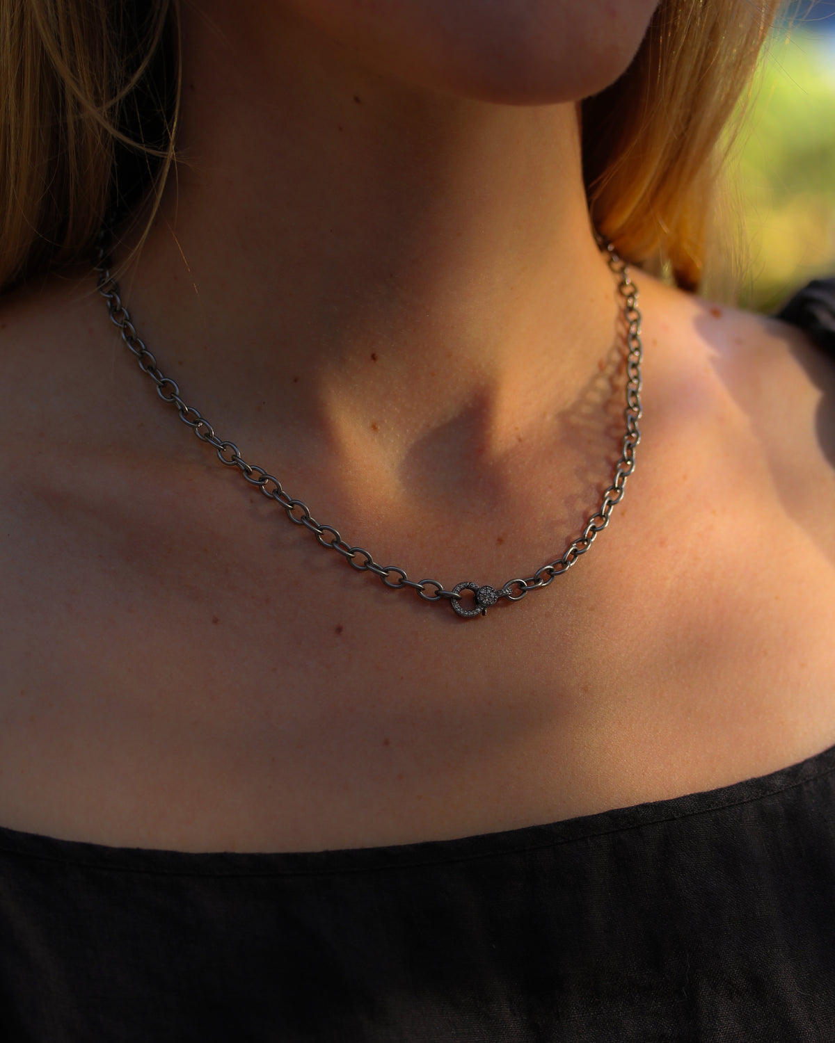 Sterling Link Chain with Pavé Diamond Clasp