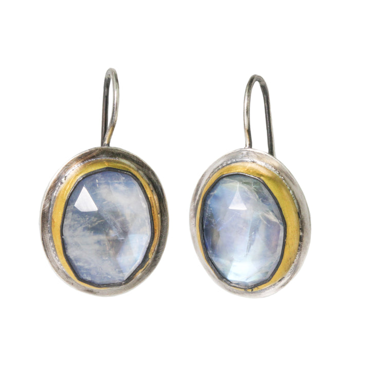 Oval Rainbow Moonstone Crescent Rim Earrings