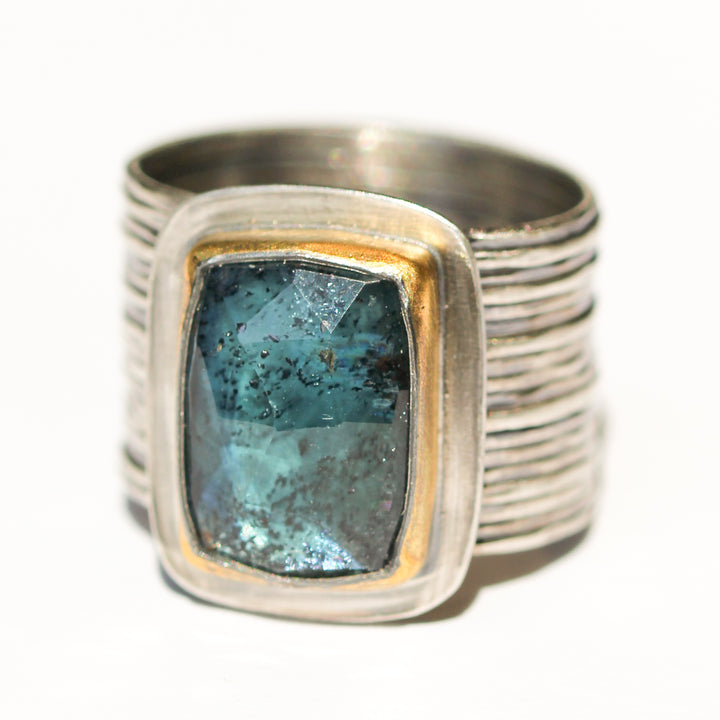 Rectangular Teal Kyanite Ring with Wide Band