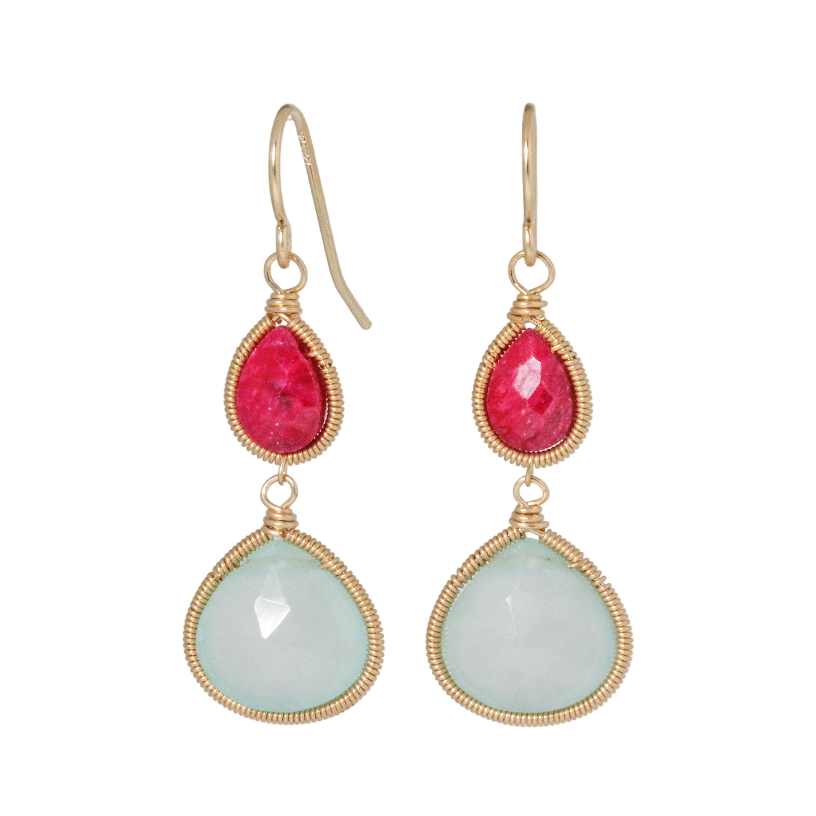 Aqua Chalcedony and Ruby Earrings