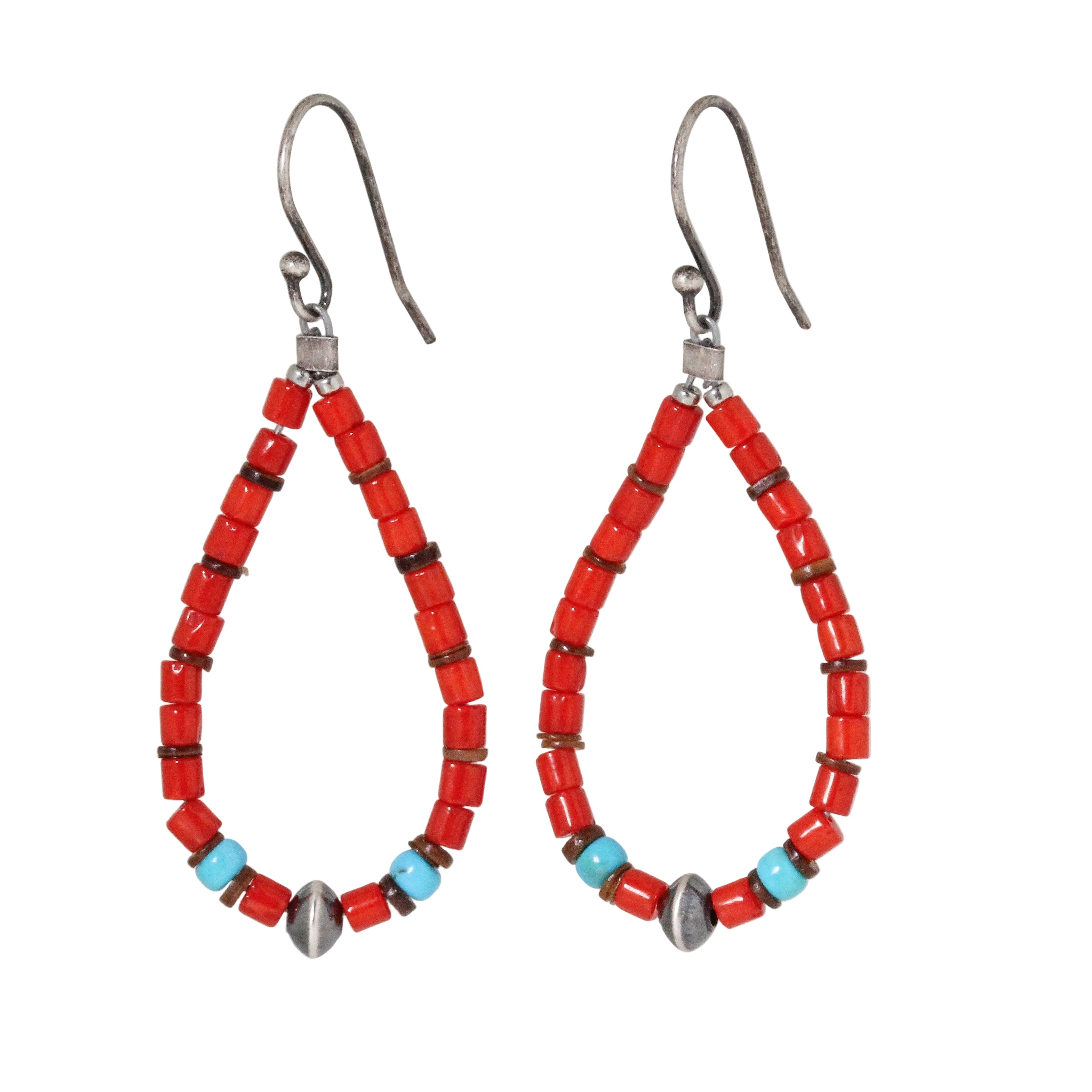 Small Coral Bead + Turquoise Earrings