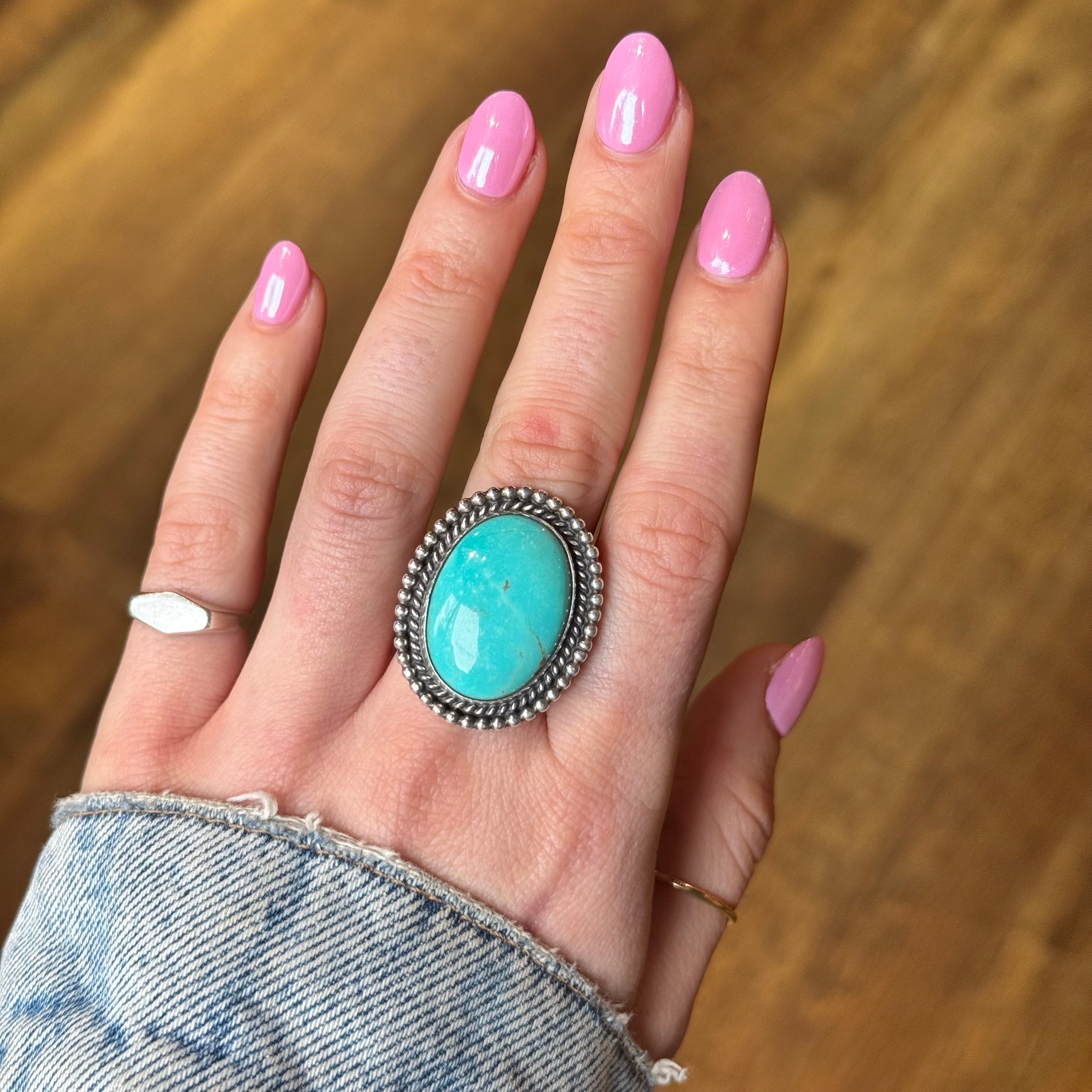 Large Oval Turquoise Ring by Loretta Delgarito-Southwest